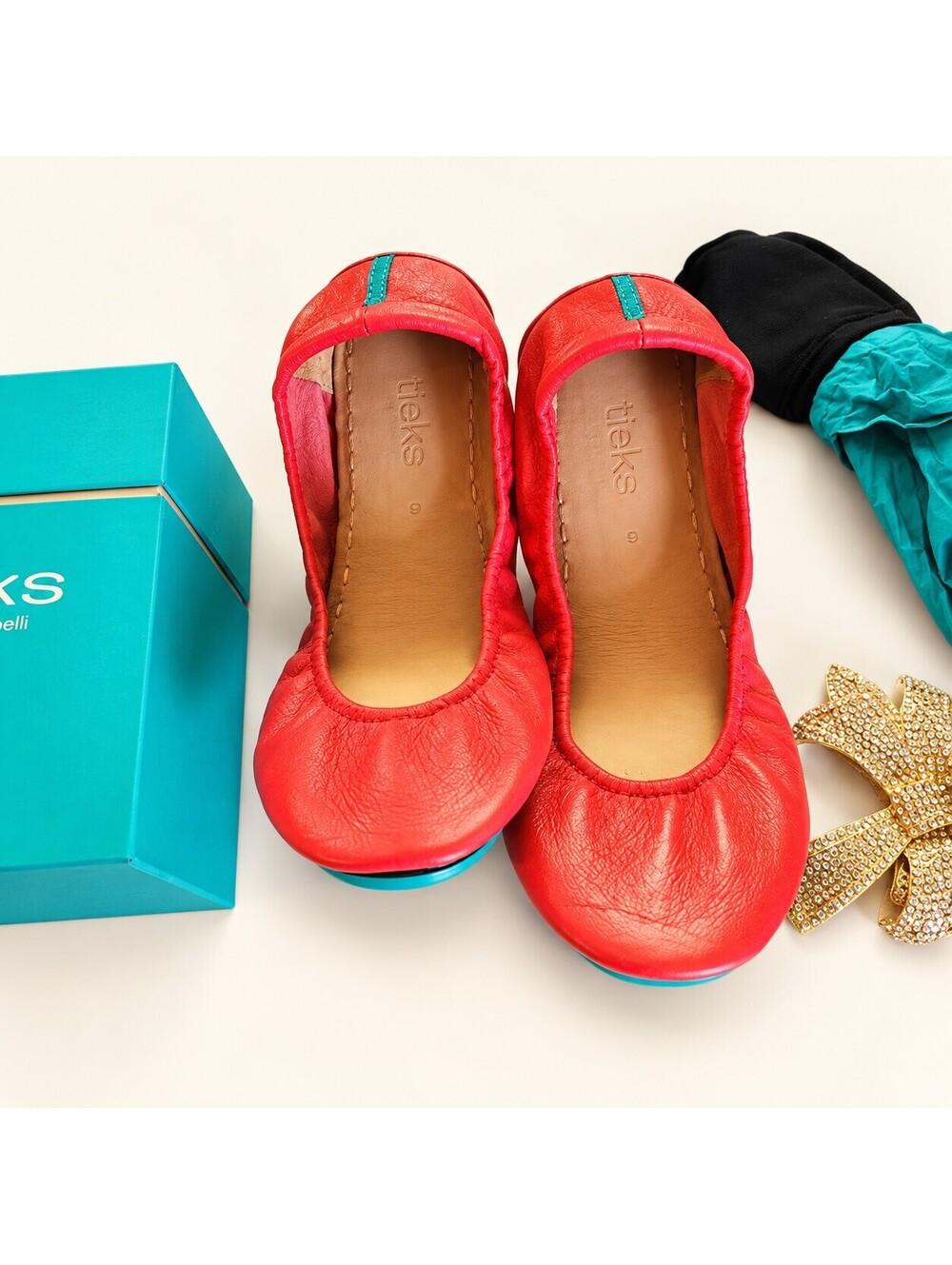 Tieks by Gavrieli Coral Red Leather Ballet Flats Women’s Size 9 New in Box